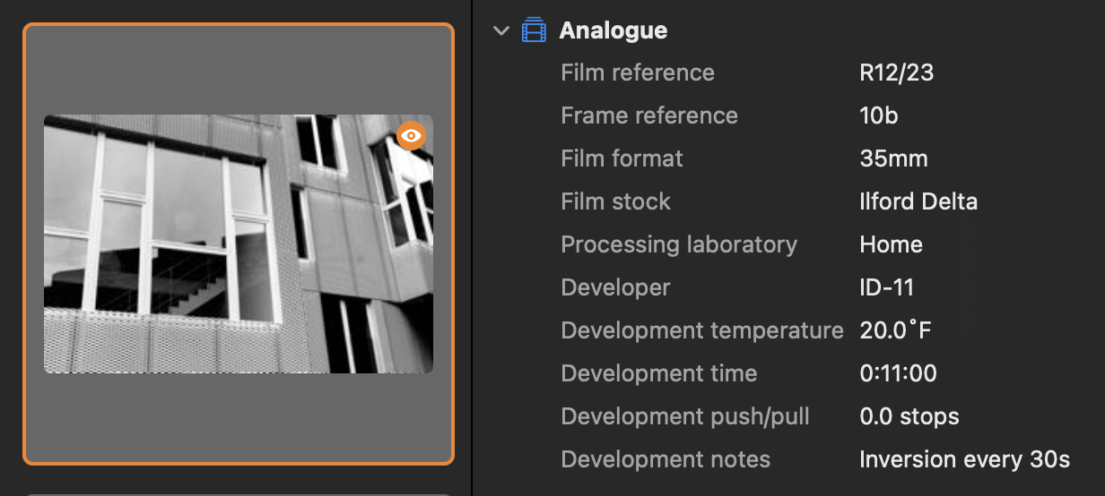 PhotoOrganista's fields for film photographers